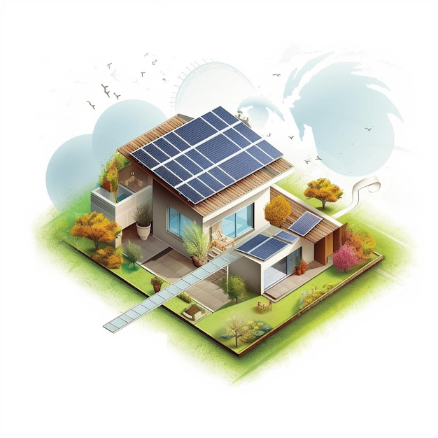House with solar panels on the roof Isometric view Vector illustration