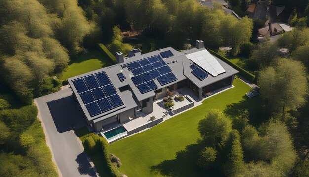 a house with solar panels on the roof and a pool in the middle