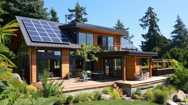 House with solar panels on the roof surrounded by a vibrant garden under clear skies