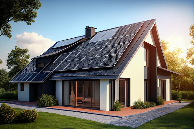 Дом с солнечными панелями на крыше Устойчивая и чистая энергия дома Генеративный ИИ