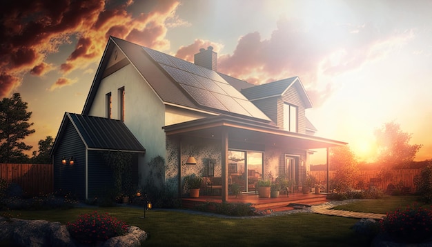 지붕에 태양광 패널이 있는 집 가정에서 지속 가능하고 청정한 에너지 Generative AI