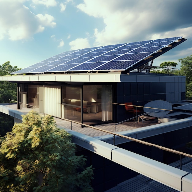 지붕에 태양광 패널이 있는 집
