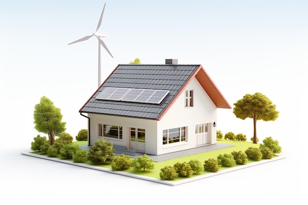 Дом с солнечными панелями и ветряными турбинами Концепция возобновляемой энергии