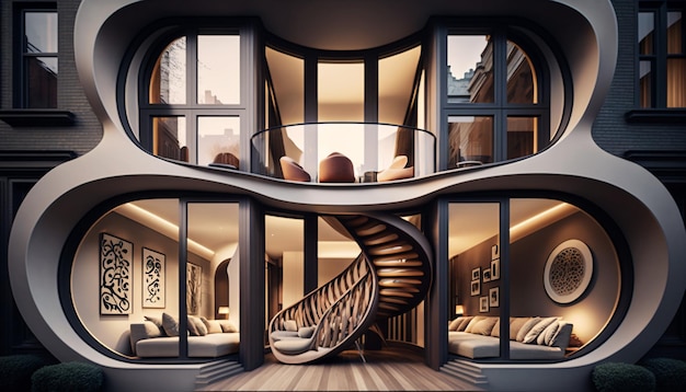 A house with a spiral staircase is shown in this rendering.