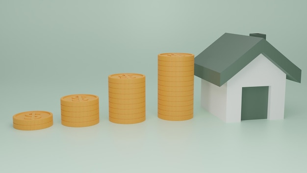 House with stacks of coins and cashmoneysaving conceptIsolate backgroundBusiness finance