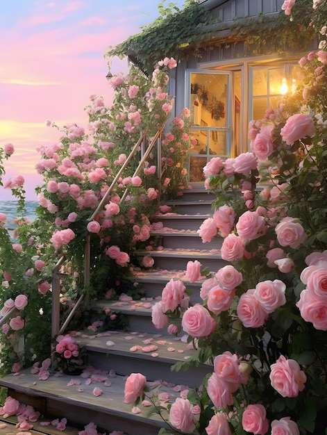 A house with a staircase that has pink roses on it