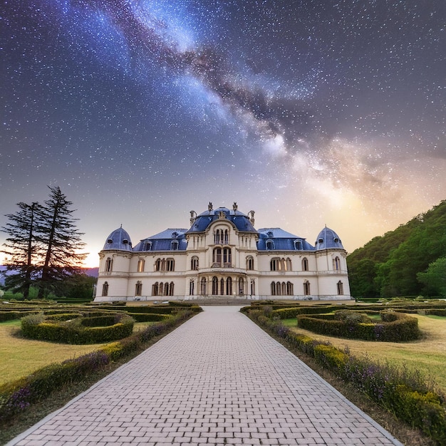 a house with a starry sky and a hill in the background