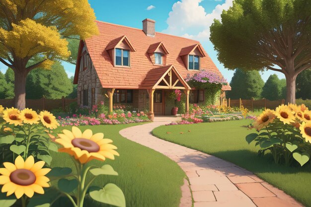 A house with a sunflower garden in the background