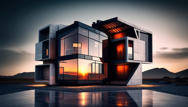 A house with a sunset in the background