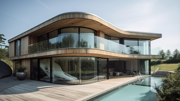 A house with a swimming pool and a wooden roof with a boat in the background