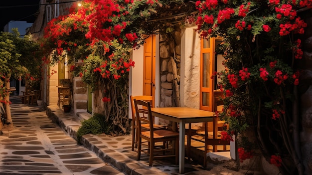 a house with a table and chairs and flowers on the outside