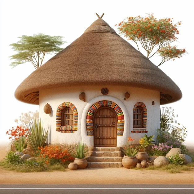 a house with a thatched roof and a round window