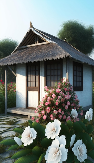 House with a thatched roof surrounded by flowers generative ai