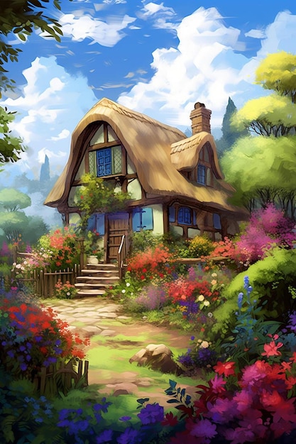 Photo a house with a thatched roof surrounded by flowers