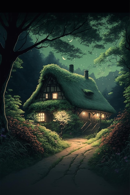 Дом с соломенной крышей в лесу генеративный ай