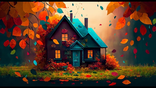 A house with a tree in the background and the words " autumn " on the bottom.