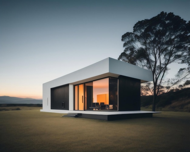 A house with a tree in the background