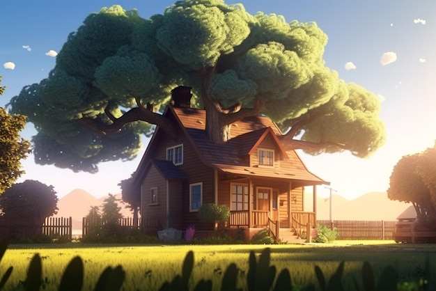 A house with a tree on the front generative ai