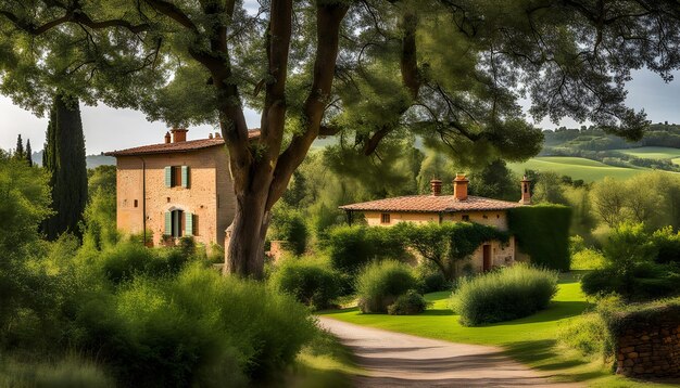 a house with a tree on the front and a house in the background