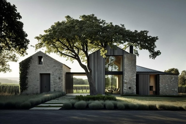 A house with a tree in front of it