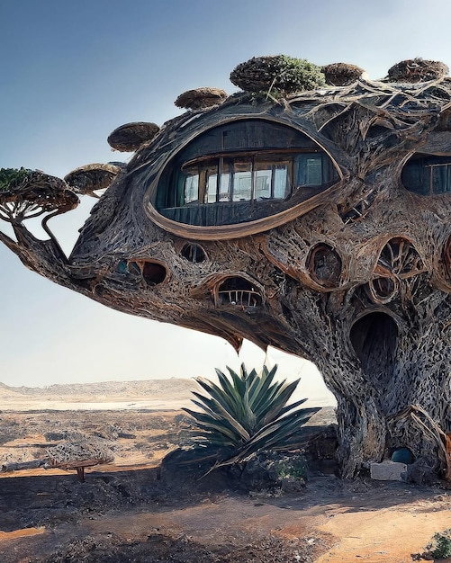 A house with a tree on it that has a large plant on it.