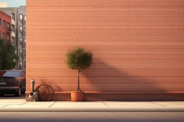 A house with a tree and a pot of flowers on the floor