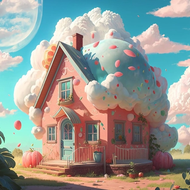 A house with a tree on the roof is surrounded by clouds and a cloud.