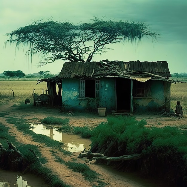 A house with a tree on the side of it