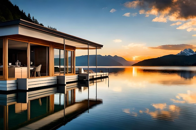 Foto una casa con vista su un lago e sulle montagne sullo sfondo.