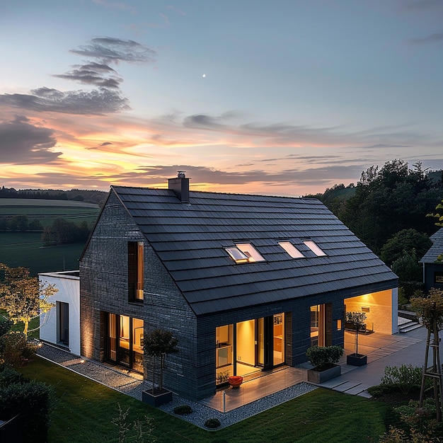 a house with a view of the sunset and the moon in the background