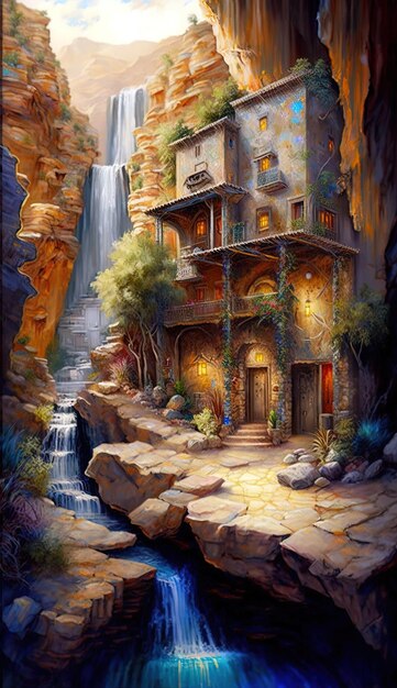 a house with a waterfall in the background and a waterfall in the background