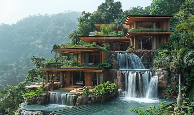 Photo a house with a waterfall in the background and a waterfall in the background