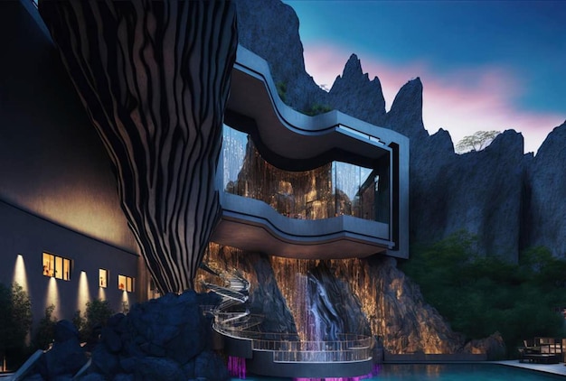 A house with a waterfall in the background