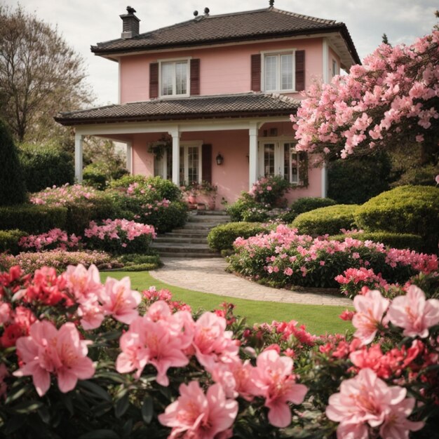 Foto una casa con una porta bianca e un giardino di fiori rosa sullo sfondo