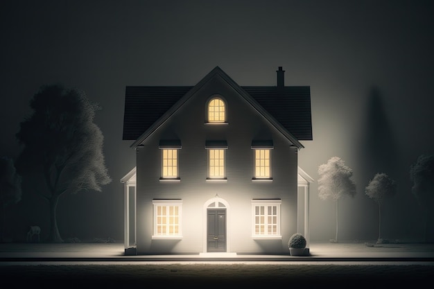 House with white facade on empty blurred street at night exterior of a classic house at night