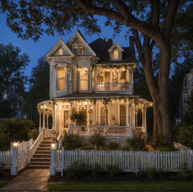 a house with a white fence and a tree in the background