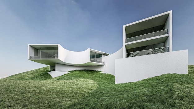 A house with a white roof and a green hill in the background