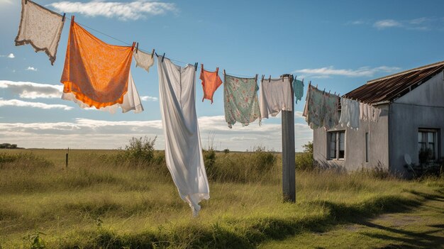 A house with a white shirt on a clothesline with the word'house'on it