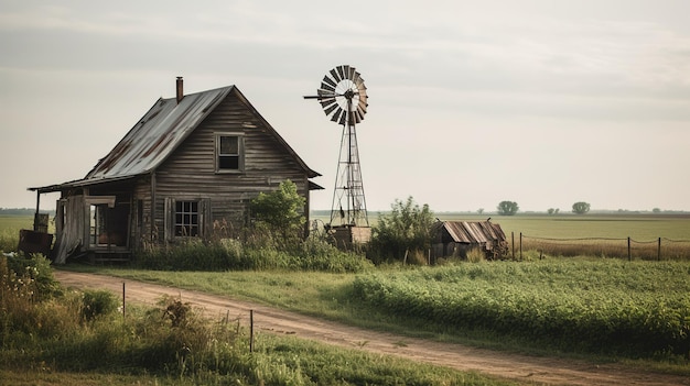 A house with a windmill in front of it