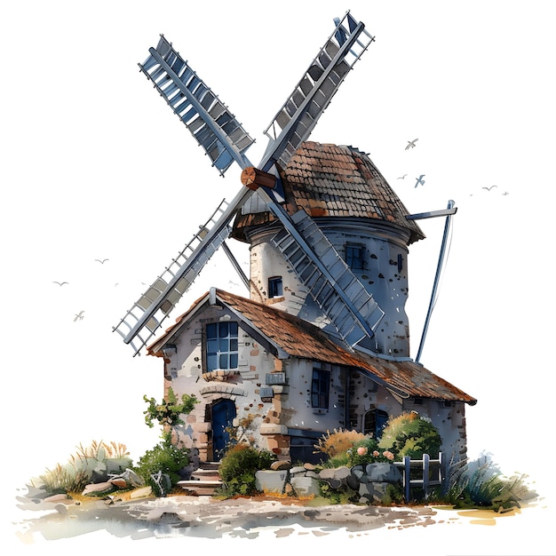 A house with a windmill on its rooftop spinning under the sky