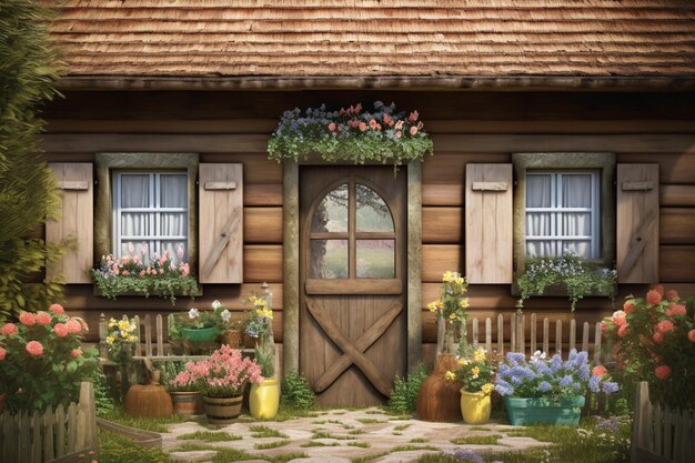 A house with a wooden door and flowers on the front.