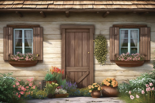 A house with a wooden door and flowers on the front.