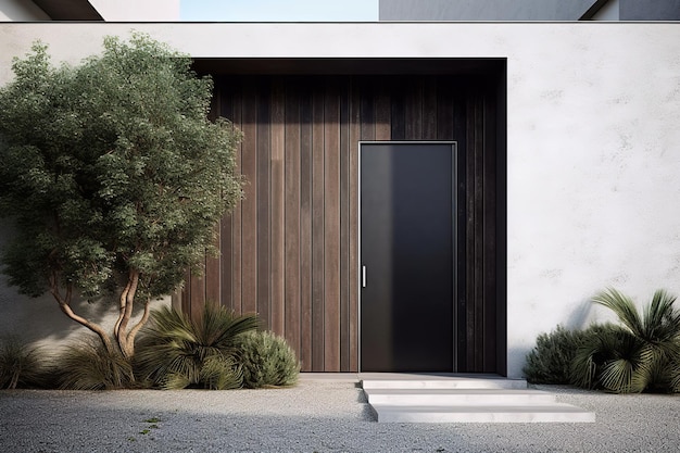 A house with a wooden door and a green plant in the front.