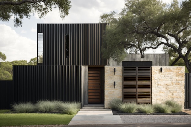 A house with a wooden door and a wooden door.