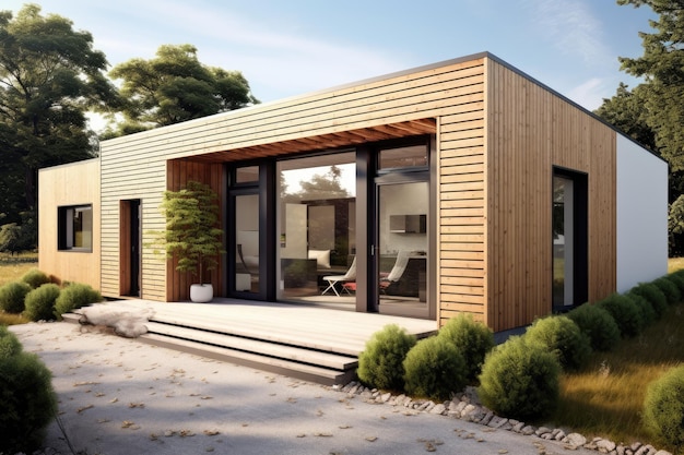 A house with a wooden roof and a glass door