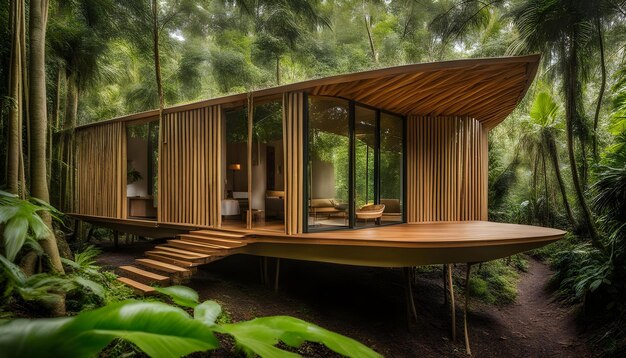 Photo a house with a wooden roof is surrounded by trees