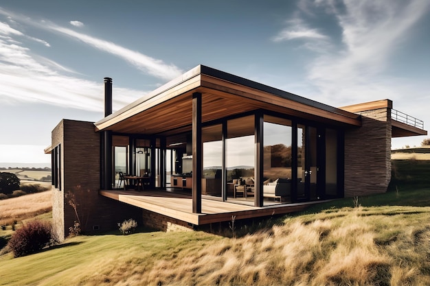 A house with a wooden roof and a large glass door.