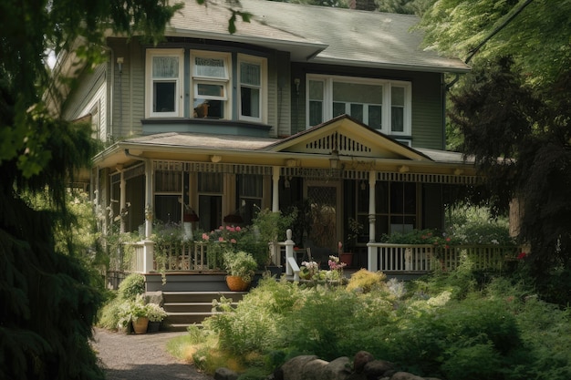 House with wraparound porch and large front window giving view of garden created with generative ai