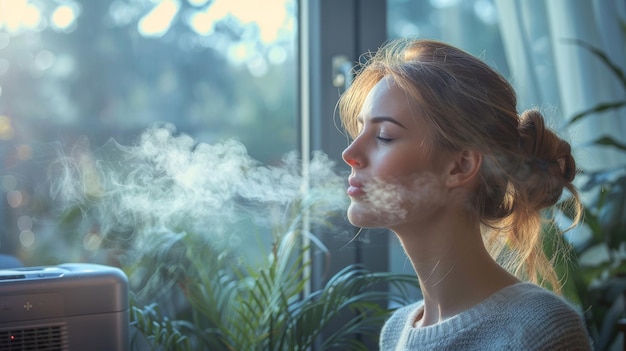 Photo in the house a woman is using an air purifier and breathing fresh air