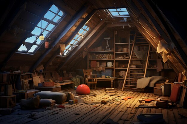 House wooden attic with broken windows Loft home indoor abandoned board Generate Ai